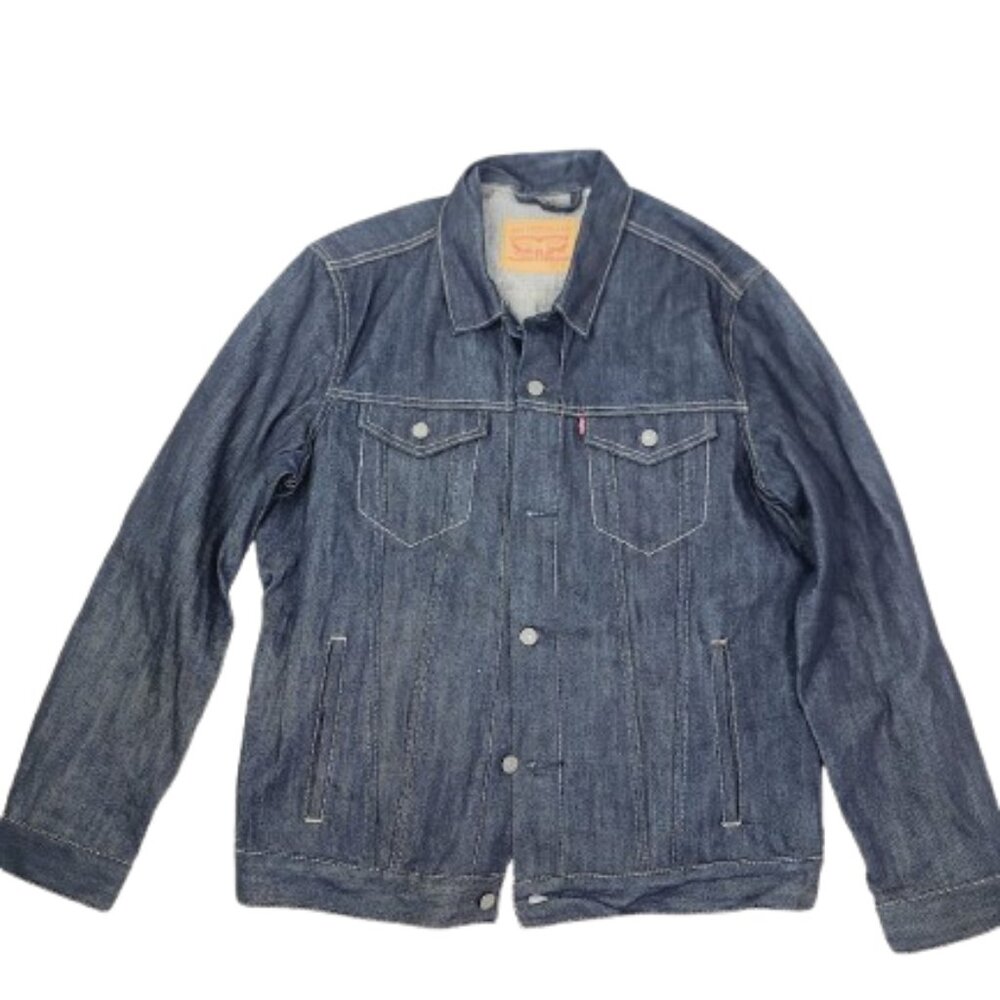 Levi's Men's Solid Dark Blue Spread Collar Denim Relaxed Trucker Jacket Size XL